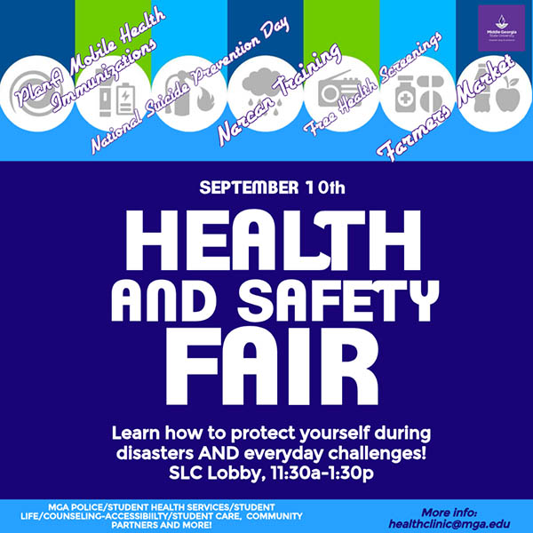 Flyer for MGA 2nd Annual Health and Safety Fair on Sept. 10, 11:30a-1:30p in the SLC Lobby featuring health screenings and community resources.